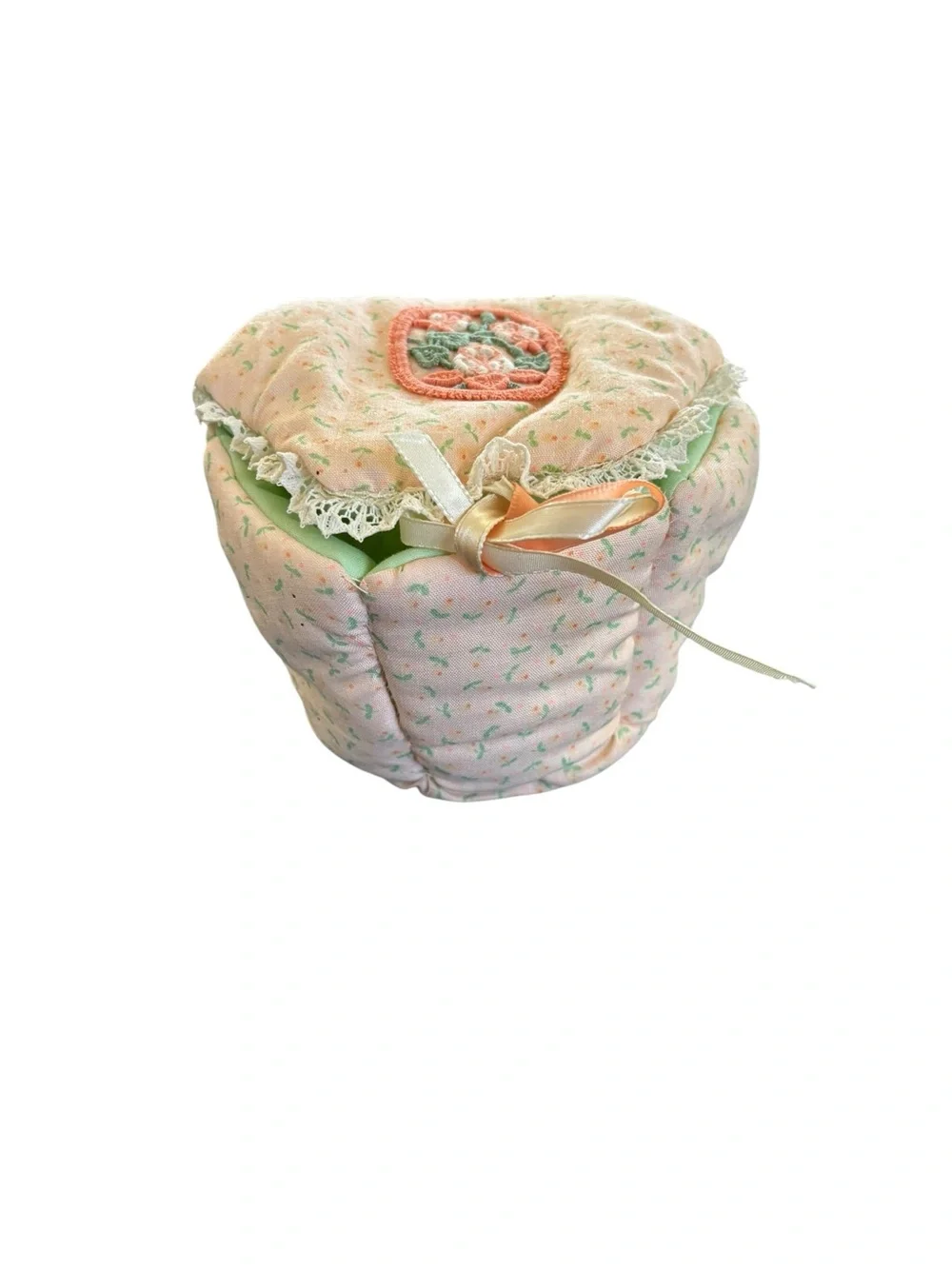 Handmade Round Cushioned Sewing Pincushion Box Ditsy Floral Tied Close Peach